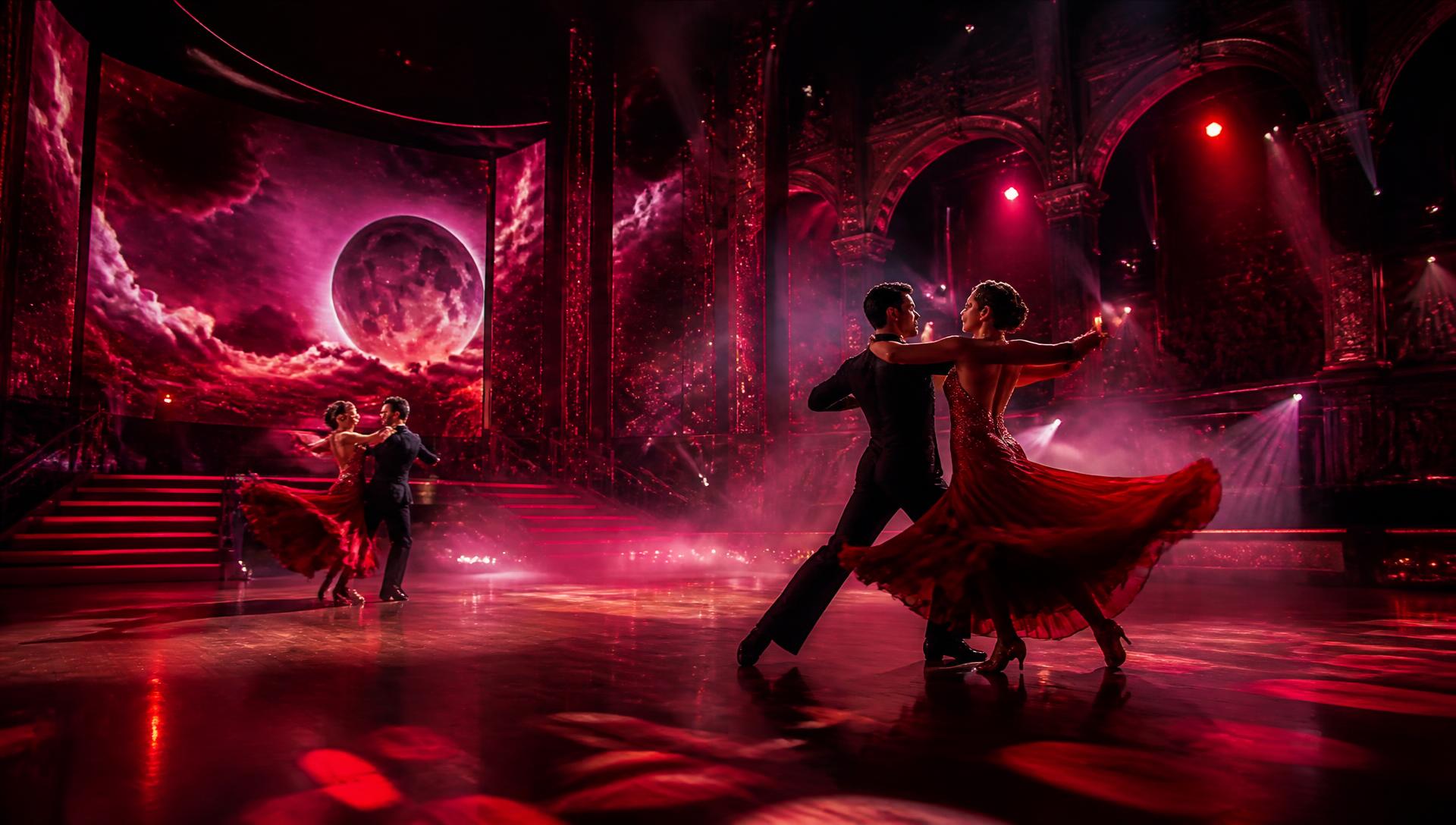 Cinematische RTL Live-Show Bühne mit tanzenden Paaren